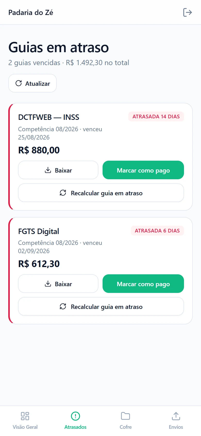 Tela de guias em atraso no portal do cliente