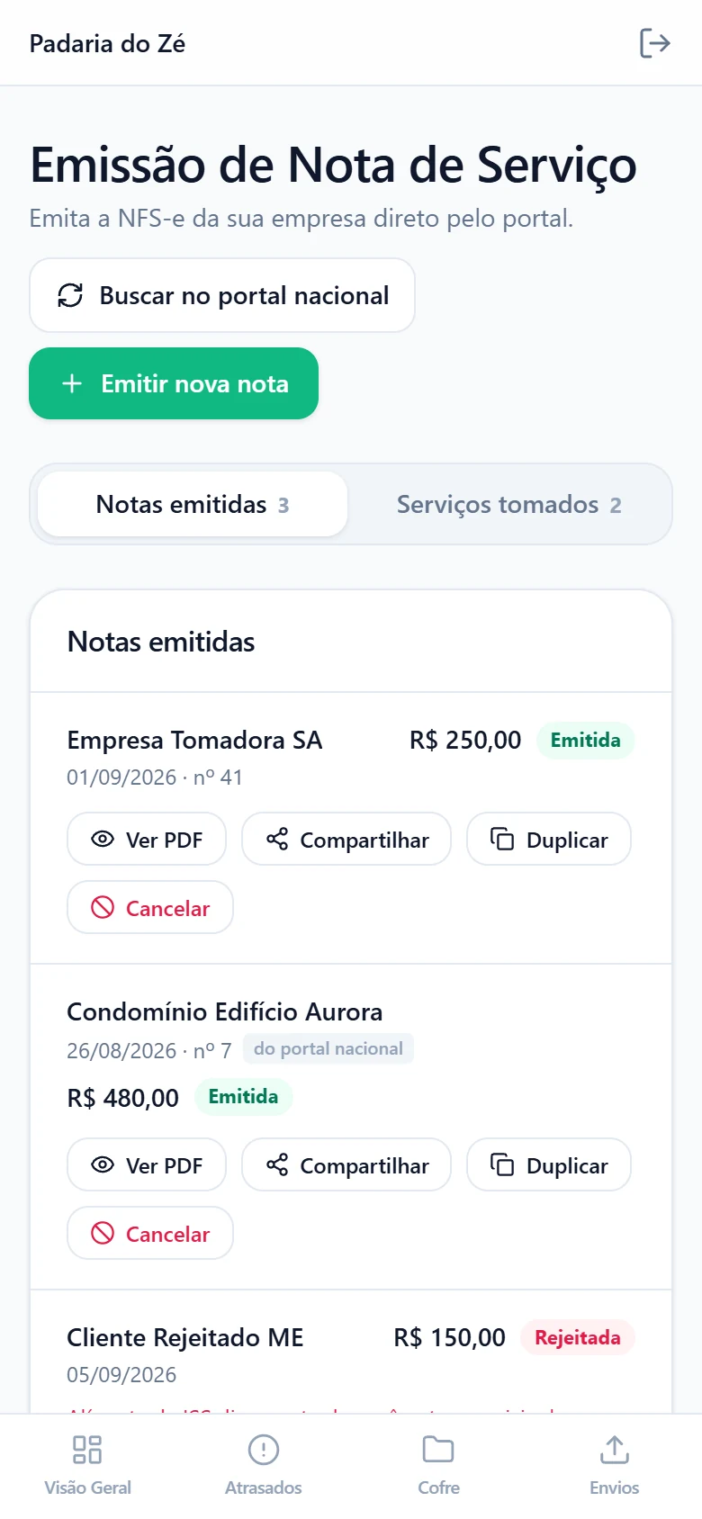 Tela de emissão de NFS-e no portal do cliente