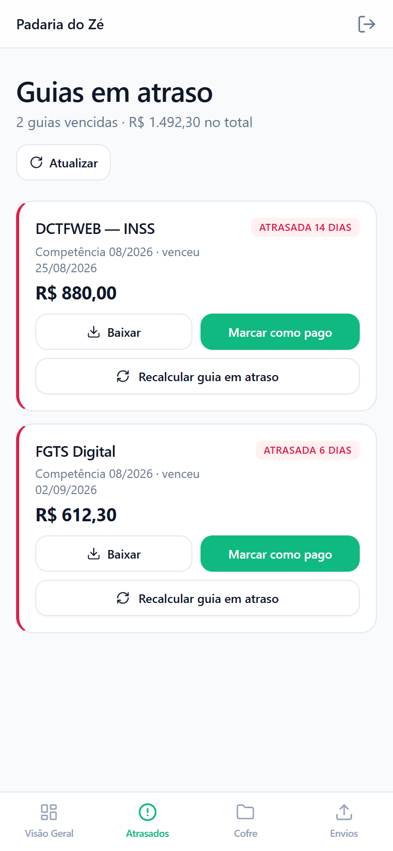 Tela de guias em atraso no portal do cliente