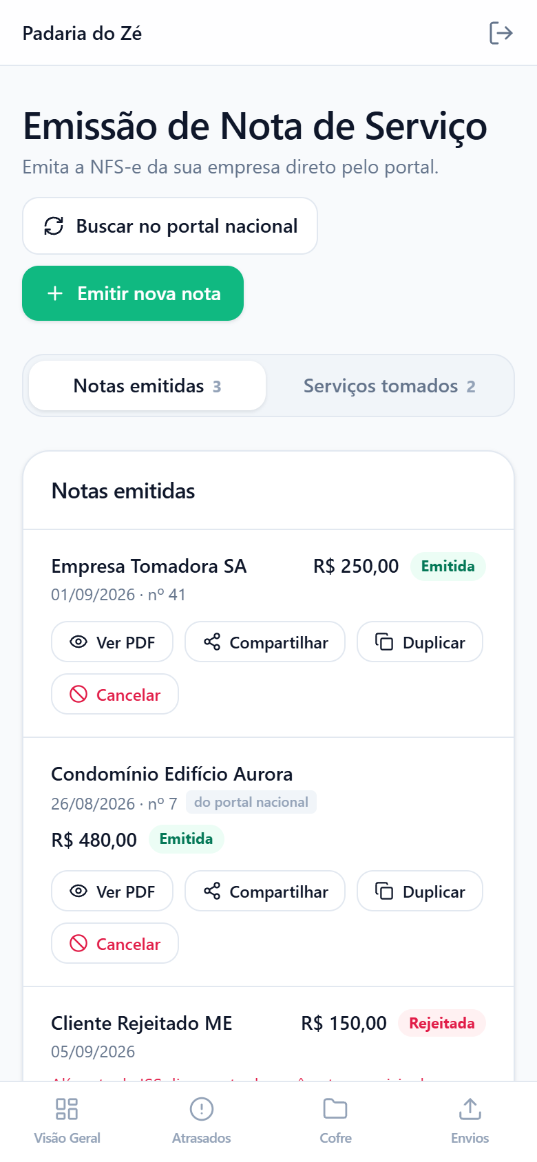 Tela de emissão de NFS-e no portal do cliente